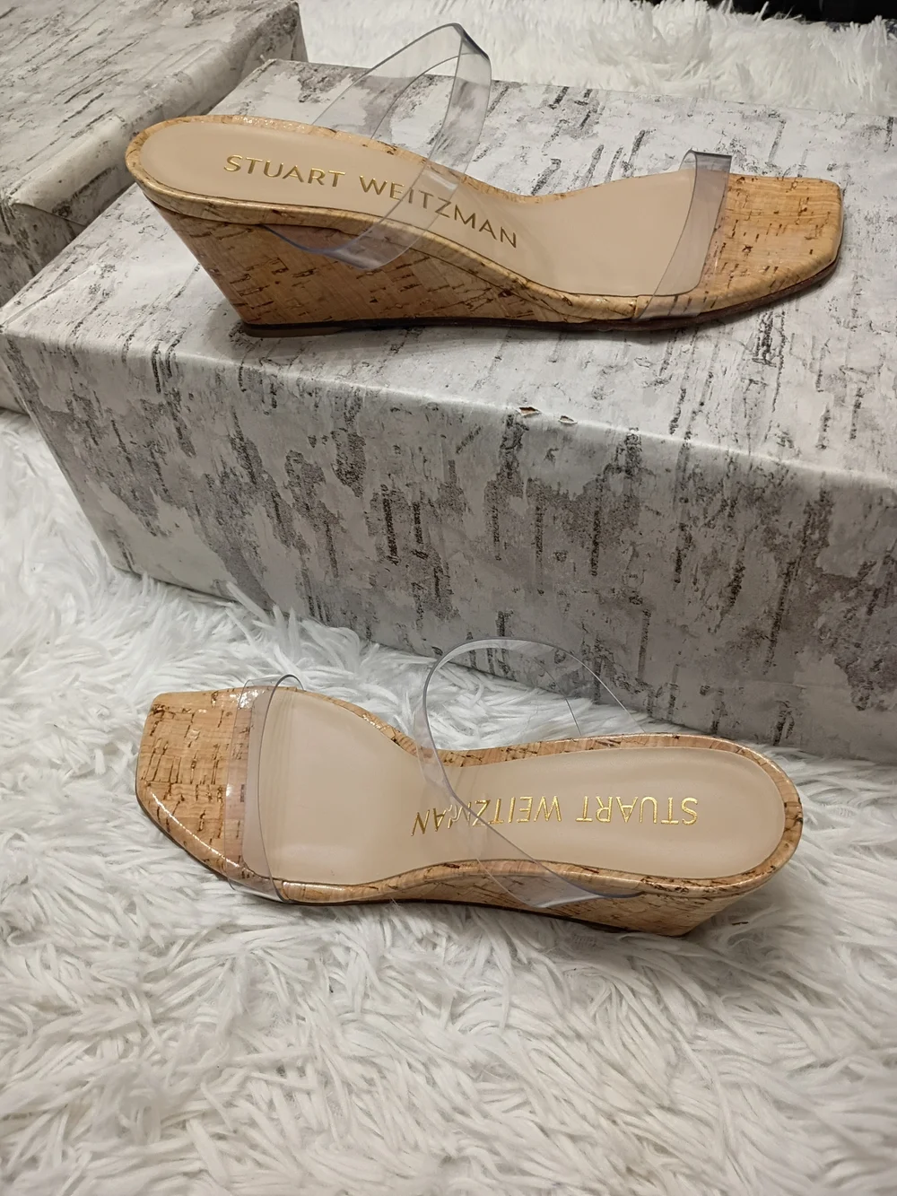 Stuart Weitzman Cork Wedge Sandals with Clear Straps - Natural & Clear - Picture 2 of 12